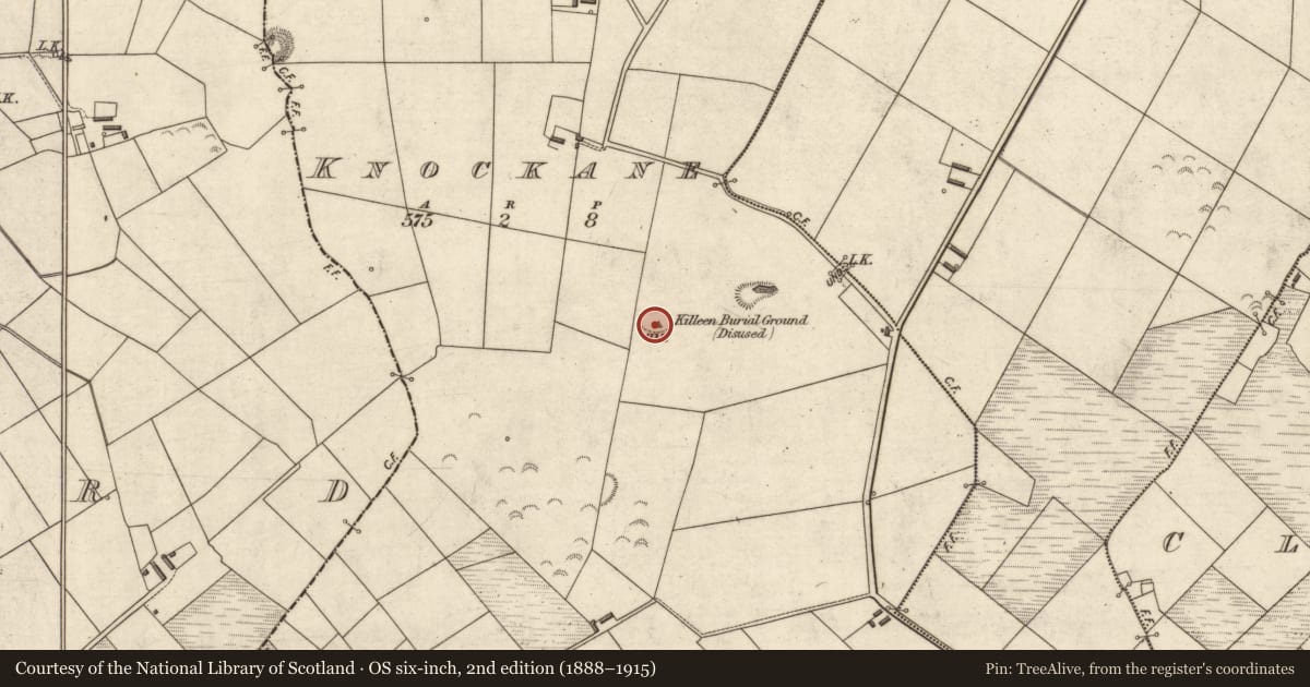 Ordnance Survey six-inch map, 2nd edition (1888–1915) covering the location of Children's burial ground, Knockane, County Kerry, with a pin at the register's coordinates