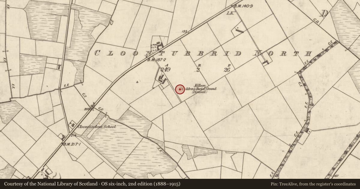 Ordnance Survey six-inch map, 2nd edition (1888–1915) covering the location of Children's burial ground, Cloontubbrid North, County Kerry, with a pin at the register's coordinates