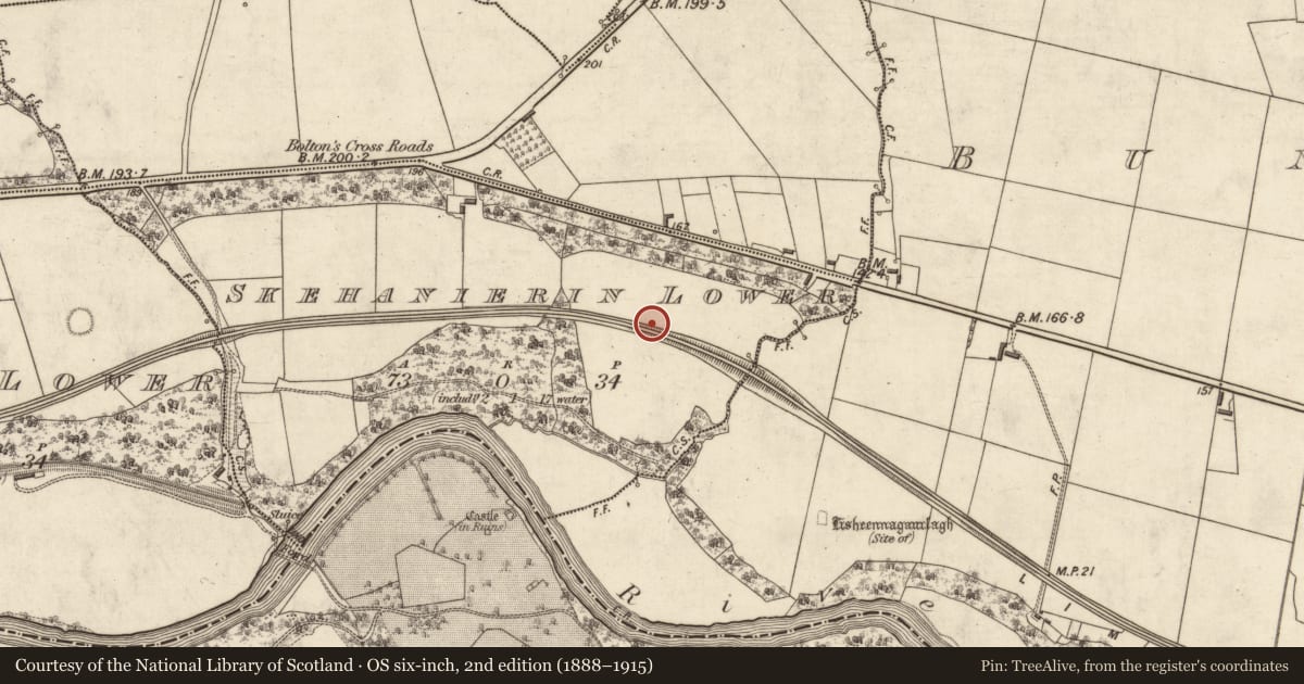Ordnance Survey six-inch map, 2nd edition (1888–1915) covering the location of Enclosure, Skehanierin Lower, County Kerry, with a pin at the register's coordinates