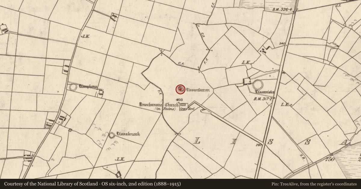 Ordnance Survey six-inch map, 2nd edition (1888–1915) covering the location of Ringfort - rath, Lissaniska, County Kerry, with a pin at the register's coordinates