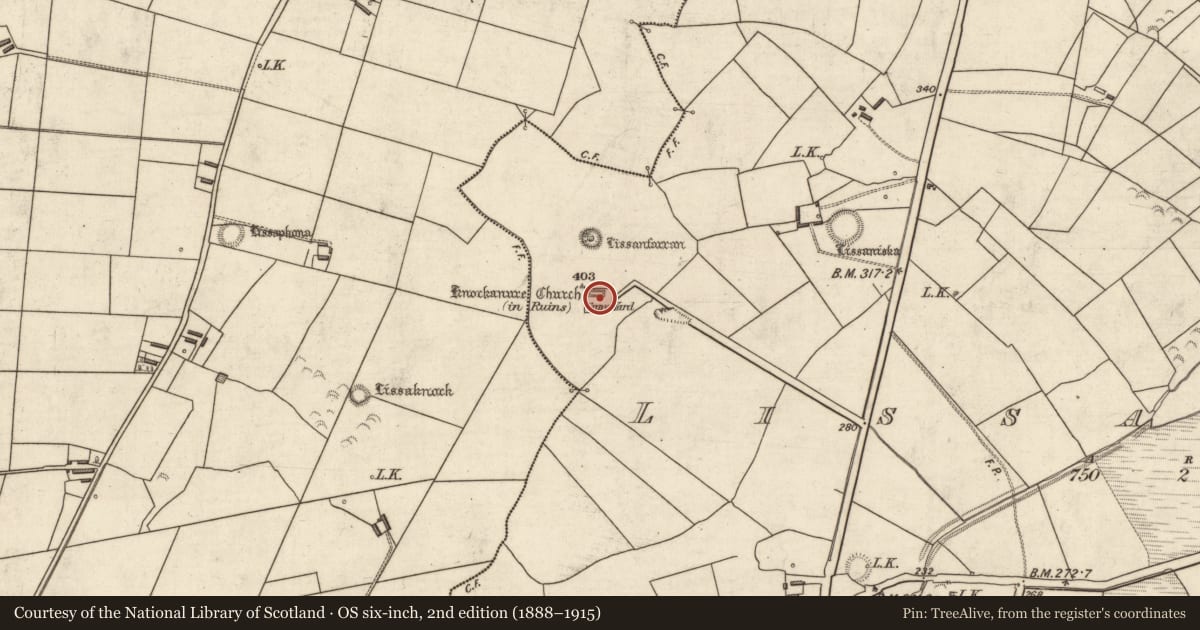 Ordnance Survey six-inch map, 2nd edition (1888–1915) covering the location of Church, Lissaniska, County Kerry, with a pin at the register's coordinates