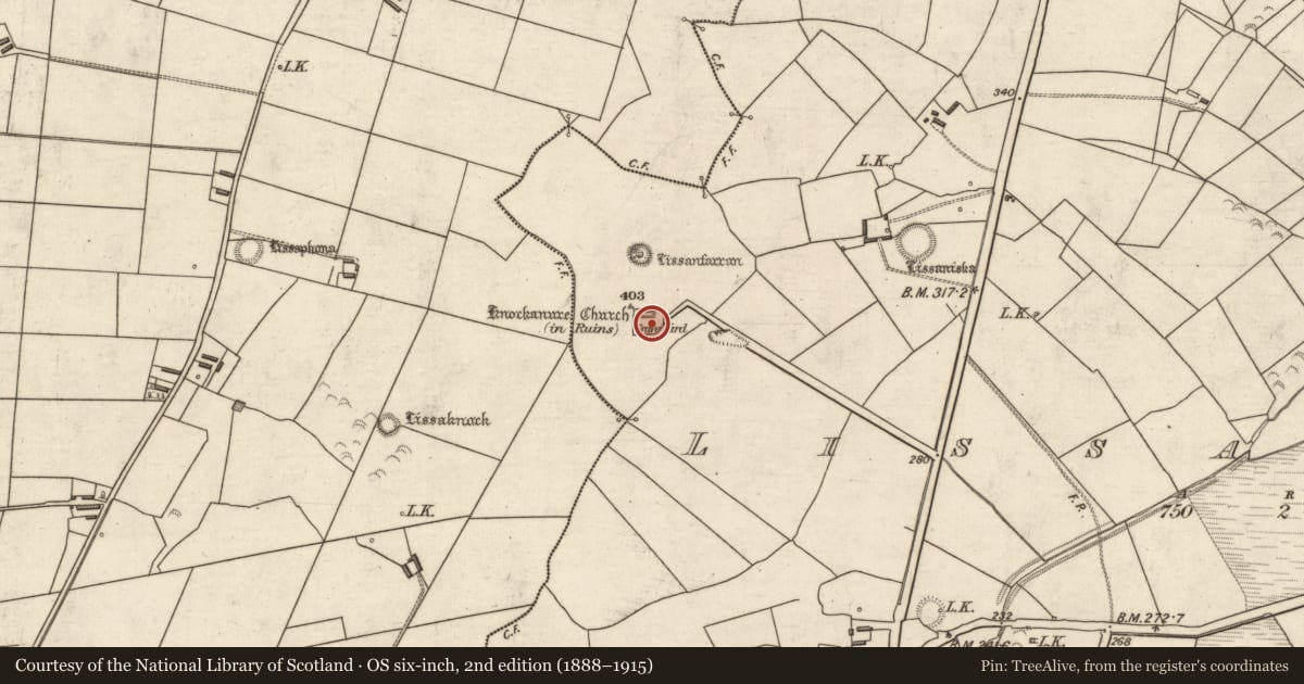 Ordnance Survey six-inch map, 2nd edition (1888–1915) covering the location of Graveyard, Lissaniska, County Kerry, with a pin at the register's coordinates