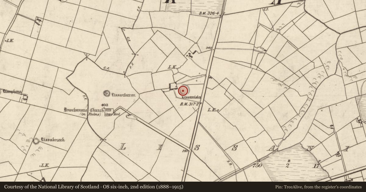 Ordnance Survey six-inch map, 2nd edition (1888–1915) covering the location of Ringfort - rath, Lissaniska, County Kerry, with a pin at the register's coordinates