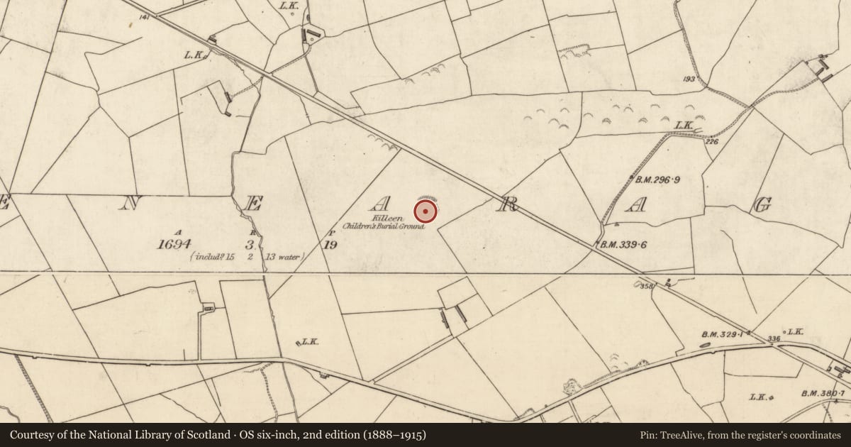 Ordnance Survey six-inch map, 2nd edition (1888–1915) covering the location of Enclosure, Trienearagh, County Kerry, with a pin at the register's coordinates