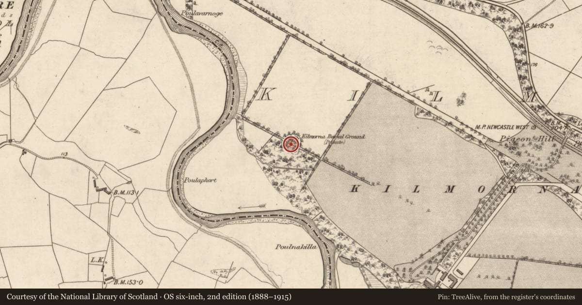 Ordnance Survey six-inch map, 2nd edition (1888–1915) covering the location of Children's burial ground, Kilmeany, County Kerry, with a pin at the register's coordinates