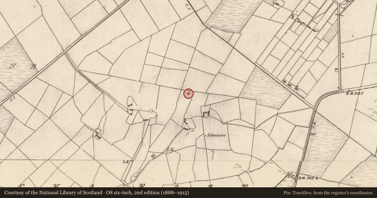Ordnance Survey six-inch map, 2nd edition (1888–1915) covering the location of Standing stone, Lacka East, County Kerry, with a pin at the register's coordinates
