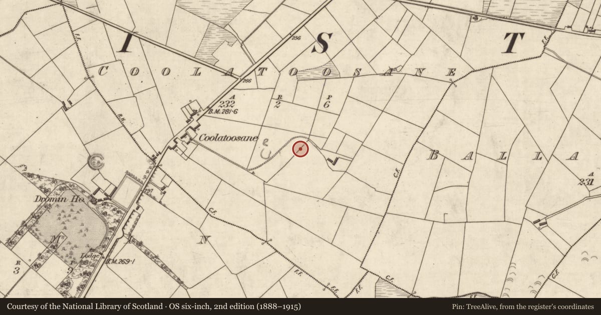 Ordnance Survey six-inch map, 2nd edition (1888–1915) covering the location of Fulacht fia, Coolatoosane, County Kerry, with a pin at the register's coordinates