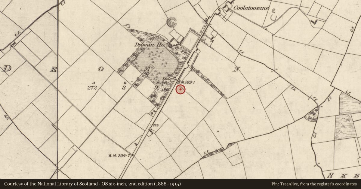 Ordnance Survey six-inch map, 2nd edition (1888–1915) covering the location of Fulacht fia, Dromin, County Kerry, with a pin at the register's coordinates