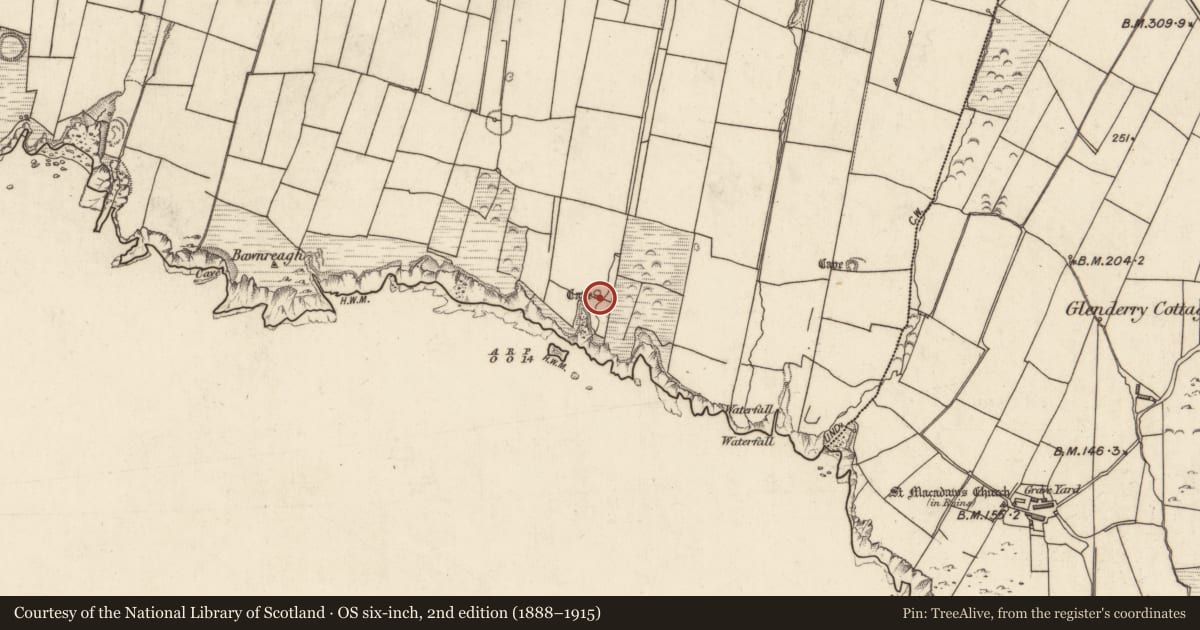 Ordnance Survey six-inch map, 2nd edition (1888–1915) covering the location of Souterrain, Tiduff, County Kerry, with a pin at the register's coordinates