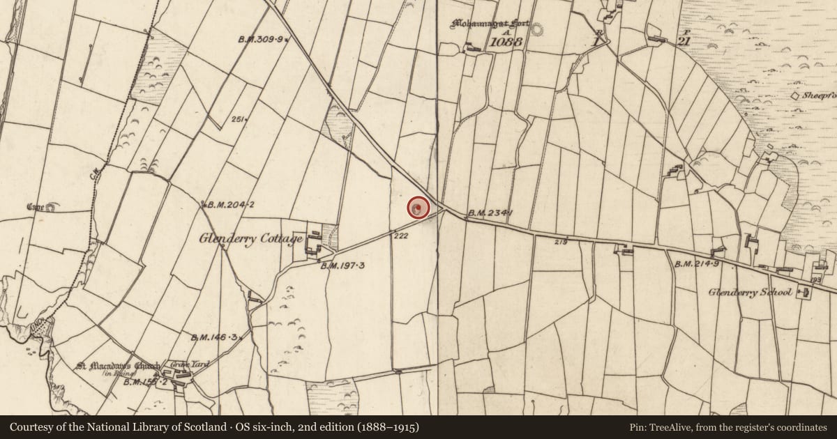 Ordnance Survey six-inch map, 2nd edition (1888–1915) covering the location of Enclosure, Glenderry, County Kerry, with a pin at the register's coordinates
