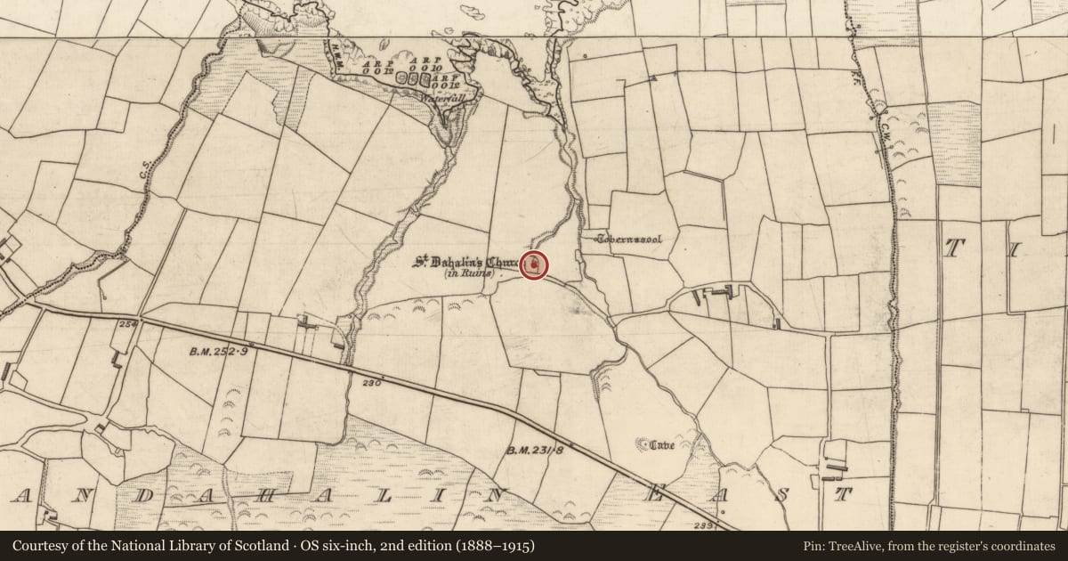 Ordnance Survey six-inch map, 2nd edition (1888–1915) covering the location of Children's burial ground, Glandahalin East, County Kerry, with a pin at the register's coordinates