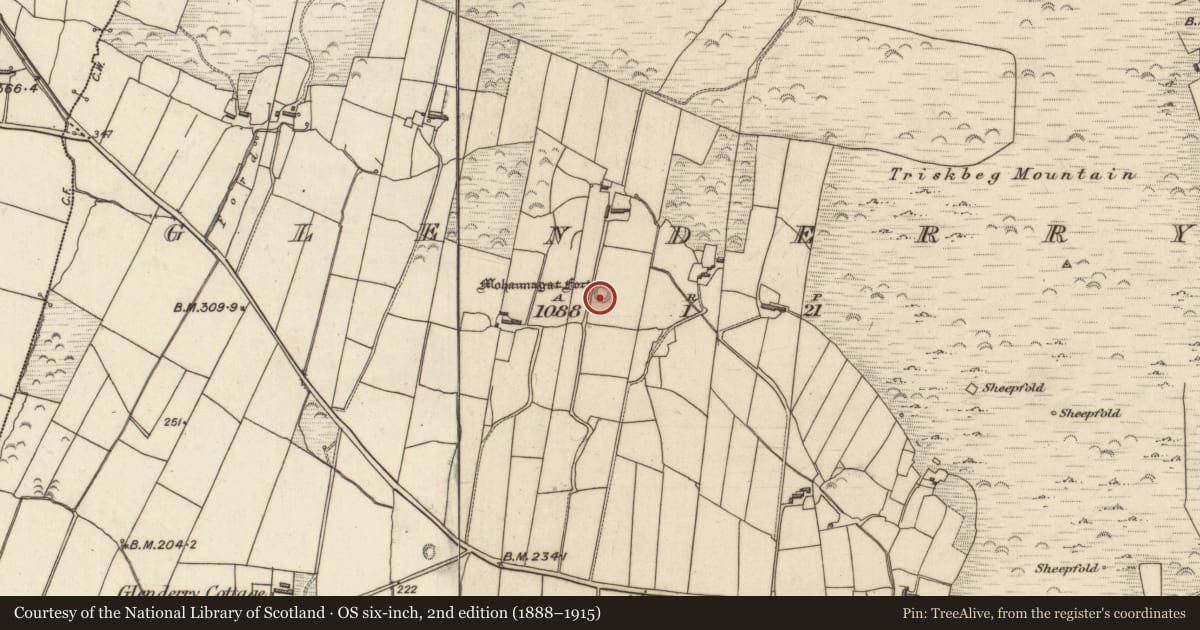 Ordnance Survey six-inch map, 2nd edition (1888–1915) covering the location of Clochan, Glenderry, County Kerry, with a pin at the register's coordinates