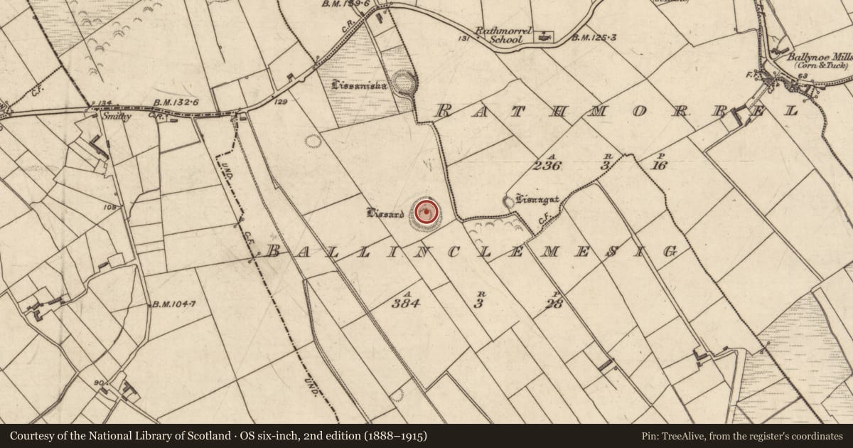 Ordnance Survey six-inch map, 2nd edition (1888–1915) covering the location of Ringfort - rath, Ballinclemesig, County Kerry, with a pin at the register's coordinates
