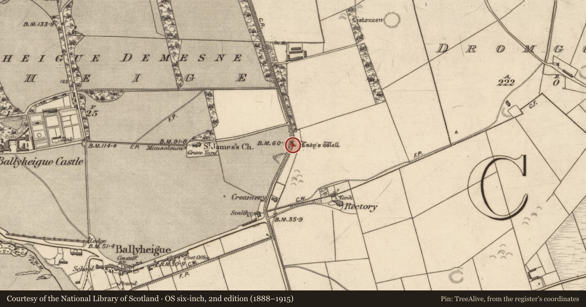 Ordnance Survey six-inch map, 2nd edition (1888–1915) covering the location of Ritual site - holy well, Dirtane, County Kerry, with a pin at the register's coordinates