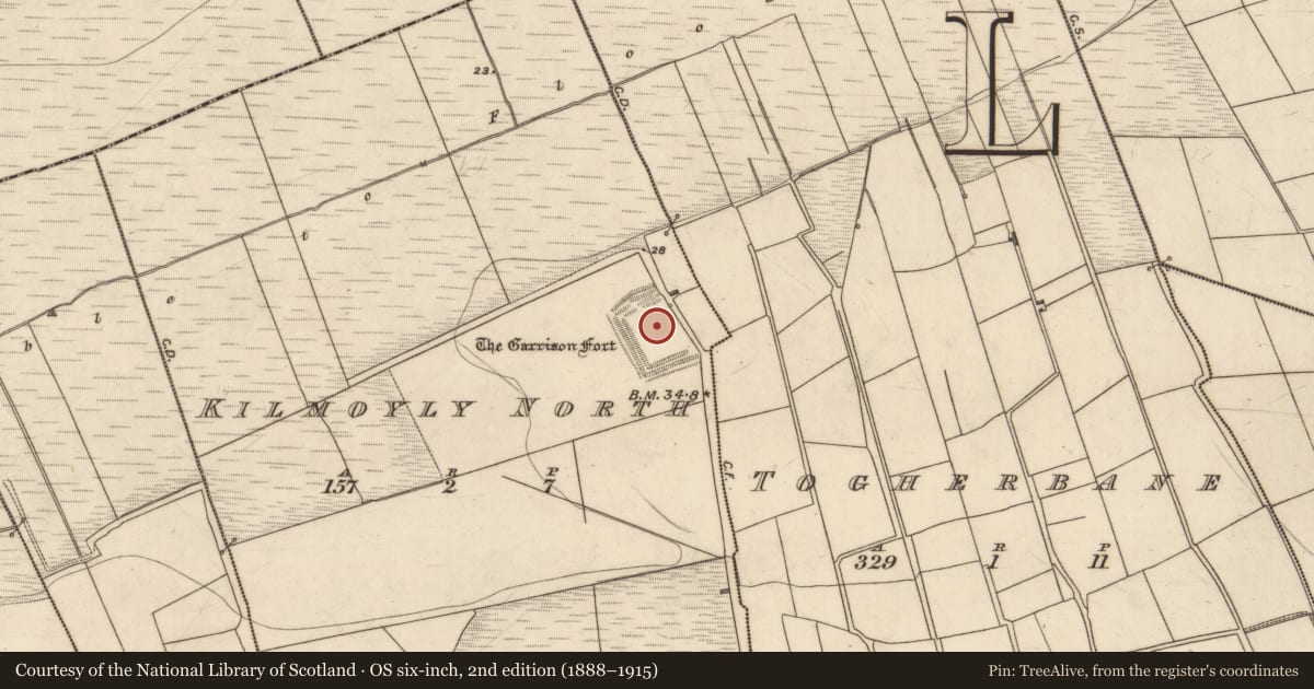 Ordnance Survey six-inch map, 2nd edition (1888–1915) covering the location of Fortification, Kilmoyly North, County Kerry, with a pin at the register's coordinates