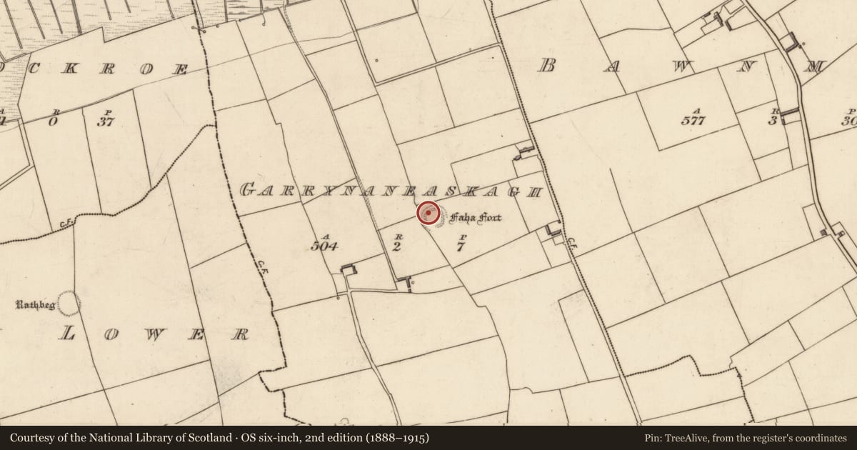 Ordnance Survey six-inch map, 2nd edition (1888–1915) covering the location of Souterrain, Garrynaneaskagh, County Kerry, with a pin at the register's coordinates