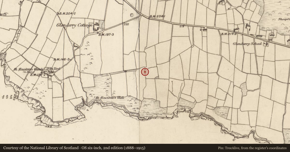 Ordnance Survey six-inch map, 2nd edition (1888–1915) covering the location of House - indeterminate date, Glenderry, County Kerry, with a pin at the register's coordinates