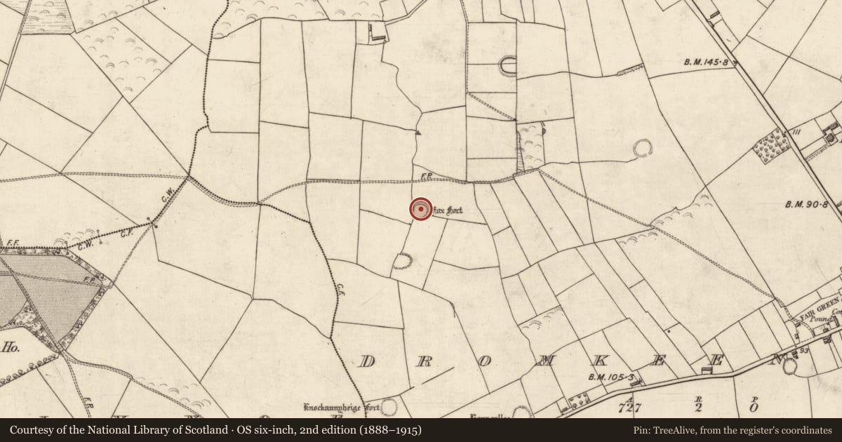 Ordnance Survey six-inch map, 2nd edition (1888–1915) covering the location of Mound, Dromkeen West, County Kerry, with a pin at the register's coordinates