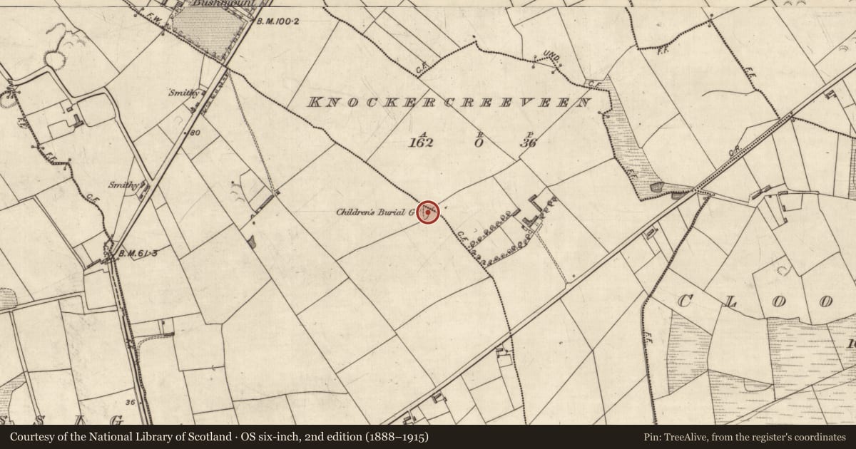 Ordnance Survey six-inch map, 2nd edition (1888–1915) covering the location of Children's burial ground, Drommartin, County Kerry, with a pin at the register's coordinates