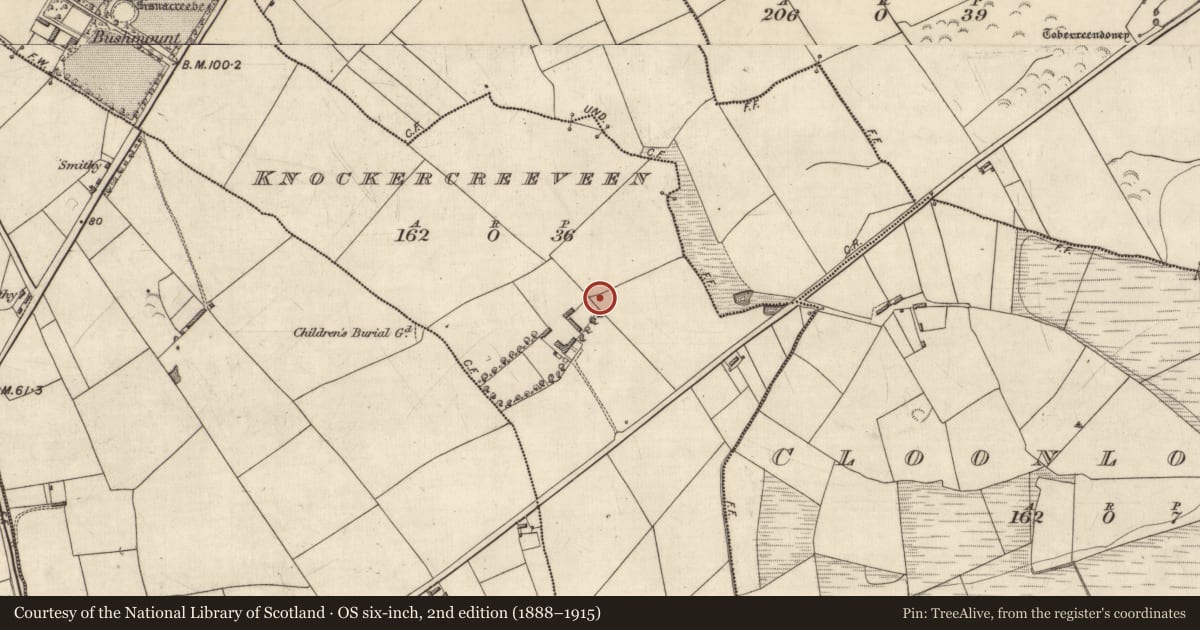 Ordnance Survey six-inch map, 2nd edition (1888–1915) covering the location of Ringfort - rath, Knockercreeveen, County Kerry, with a pin at the register's coordinates