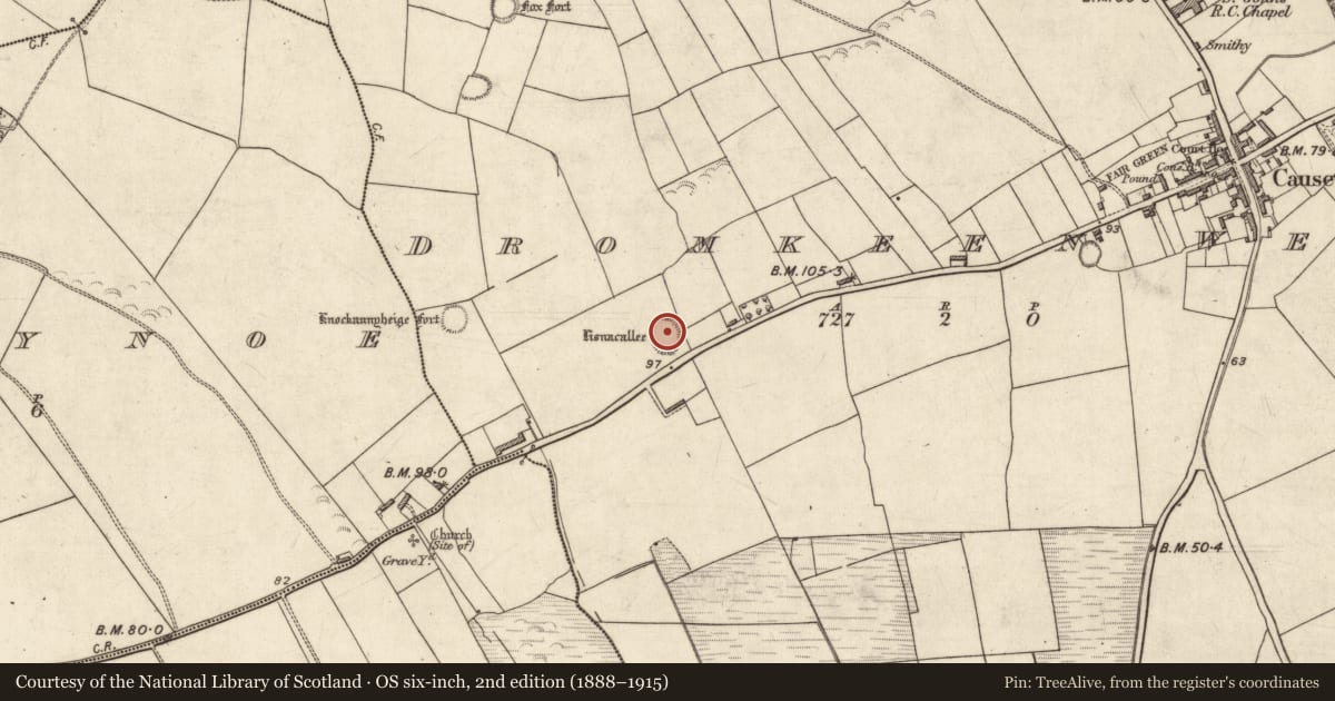 Ordnance Survey six-inch map, 2nd edition (1888–1915) covering the location of Mound, Dromkeen West, County Kerry, with a pin at the register's coordinates