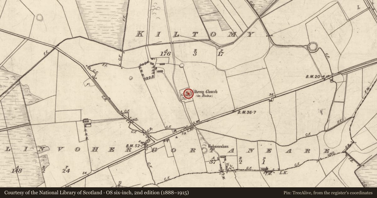 Ordnance Survey six-inch map, 2nd edition (1888–1915) covering the location of Church, Kiltomy, County Kerry, with a pin at the register's coordinates