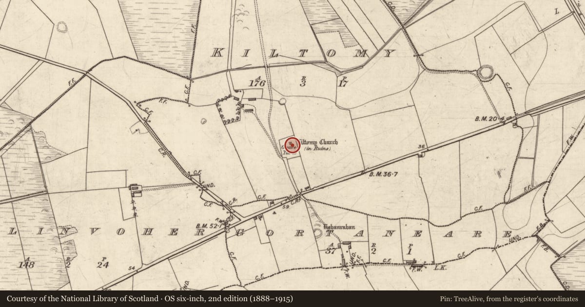 Ordnance Survey six-inch map, 2nd edition (1888–1915) covering the location of Inscribed stone, Kiltomy, County Kerry, with a pin at the register's coordinates