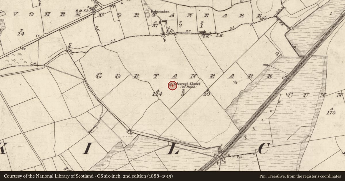 Ordnance Survey six-inch map, 2nd edition (1888–1915) covering the location of Church, Gortaneare (Clanmaurice By., Kiltomy Par.), County Kerry, with a pin at the register's coordinates