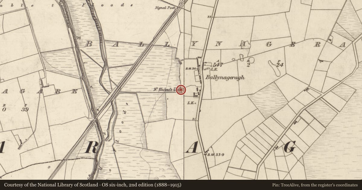 Ordnance Survey six-inch map, 2nd edition (1888–1915) covering the location of Ritual site - holy well, Ballynageragh, County Kerry, with a pin at the register's coordinates