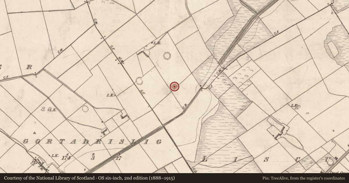 Ordnance Survey six-inch map, 2nd edition (1888–1915) covering the location of Fulacht fia, Deerpark, County Kerry, with a pin at the register's coordinates