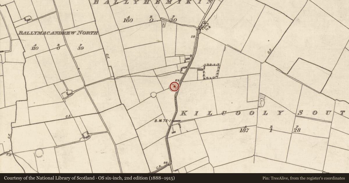 Ordnance Survey six-inch map, 2nd edition (1888–1915) covering the location of Mound, Ballyhemikin, County Kerry, with a pin at the register's coordinates