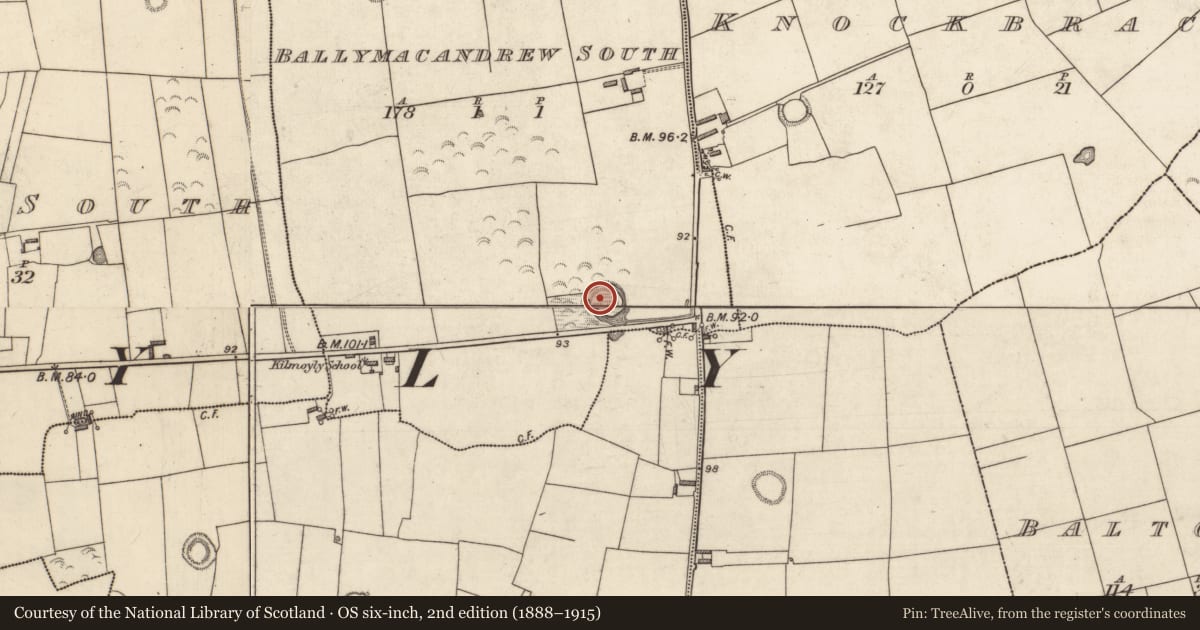 Ordnance Survey six-inch map, 2nd edition (1888–1915) covering the location of Mound, Ballymacandrew South, County Kerry, with a pin at the register's coordinates