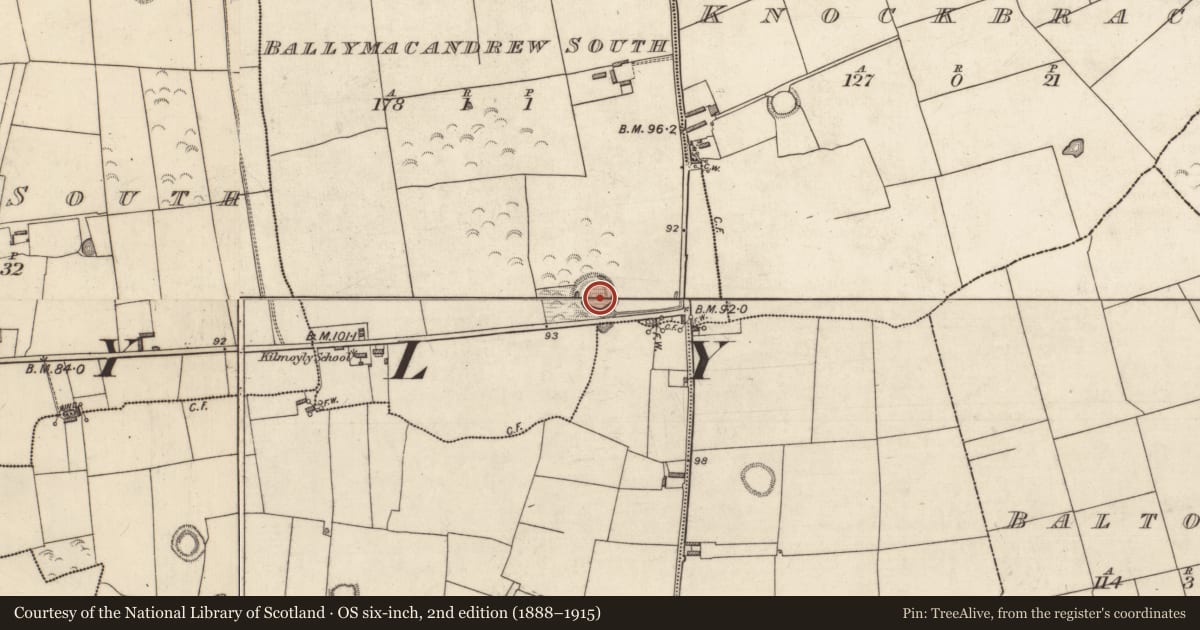 Ordnance Survey six-inch map, 2nd edition (1888–1915) covering the location of Mound, Ballymacandrew South, County Kerry, with a pin at the register's coordinates