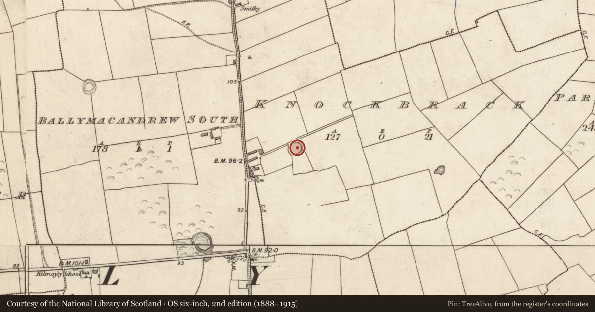 Ordnance Survey six-inch map, 2nd edition (1888–1915) covering the location of Souterrain, Knockbrack, County Kerry, with a pin at the register's coordinates