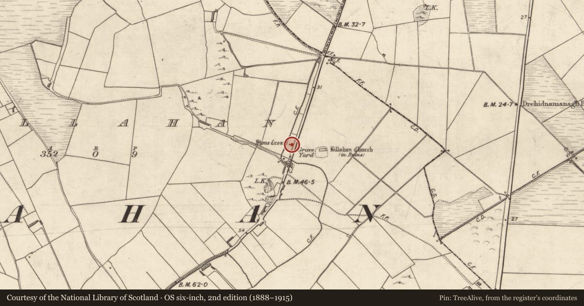 Ordnance Survey six-inch map, 2nd edition (1888–1915) covering the location of Cross - High cross, Tonaknock, County Kerry, with a pin at the register's coordinates