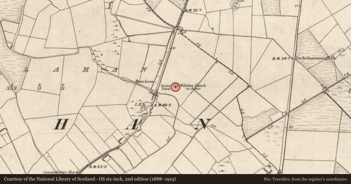 Ordnance Survey six-inch map, 2nd edition (1888–1915) covering the location of Graveyard, Tonaknock, County Kerry, with a pin at the register's coordinates