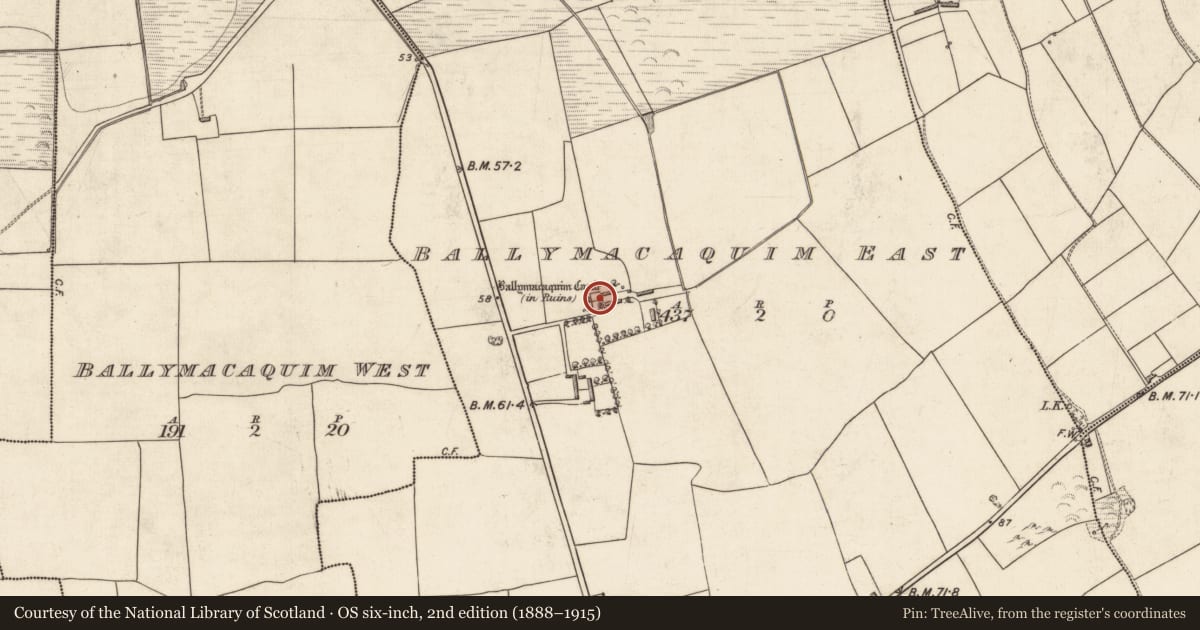 Ordnance Survey six-inch map, 2nd edition (1888–1915) covering the location of Castle - tower house, Ballymacaquim East, County Kerry, with a pin at the register's coordinates