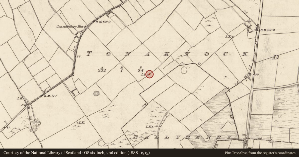 Ordnance Survey six-inch map, 2nd edition (1888–1915) covering the location of Ringfort - rath, Tonaknock, County Kerry, with a pin at the register's coordinates