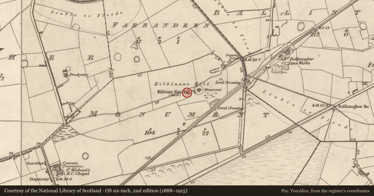 Ordnance Survey six-inch map, 2nd edition (1888–1915) covering the location of Church, Monument, County Kerry, with a pin at the register's coordinates