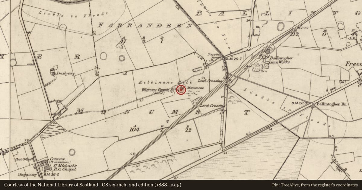 Ordnance Survey six-inch map, 2nd edition (1888–1915) covering the location of Monumental structure, County Kerry, with a pin at the register's coordinates