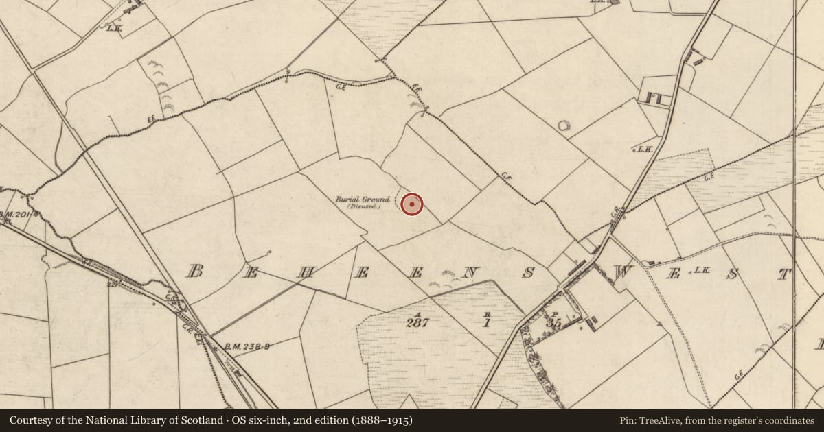 Ordnance Survey six-inch map, 2nd edition (1888–1915) covering the location of Burial ground, Beheens West, County Kerry, with a pin at the register's coordinates