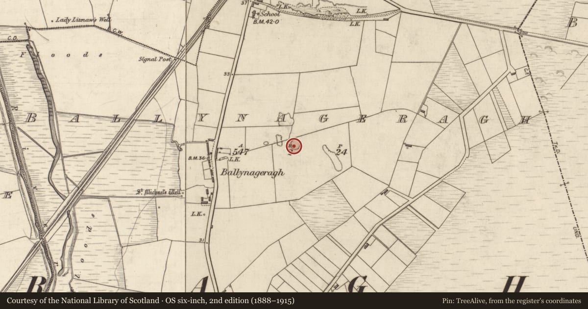 Ordnance Survey six-inch map, 2nd edition (1888–1915) covering the location of Enclosure, Ballynageragh, County Kerry, with a pin at the register's coordinates