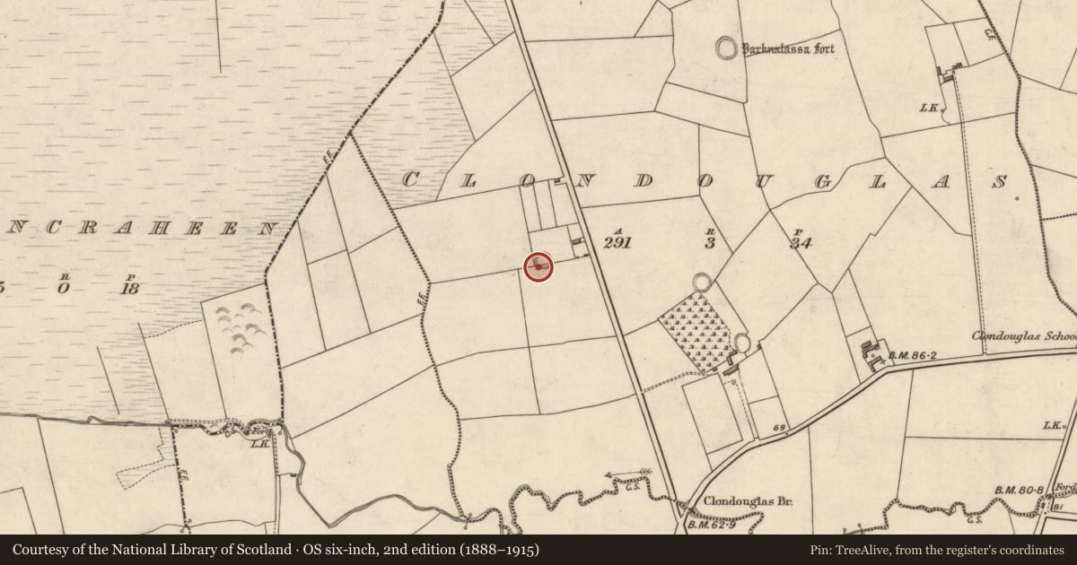 Ordnance Survey six-inch map, 2nd edition (1888–1915) covering the location of Ringfort - rath, Clondouglas, County Kerry, with a pin at the register's coordinates