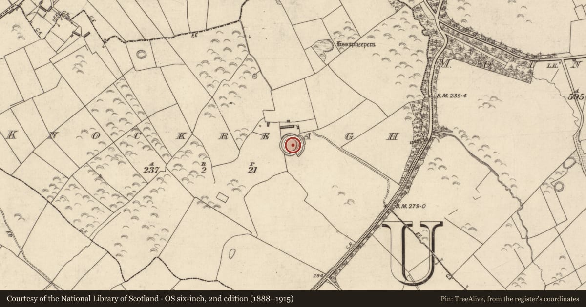 Ordnance Survey six-inch map, 2nd edition (1888–1915) covering the location of Ringfort - rath, Knockreagh (Clanmaurice By., Kilshenane Par.), County Kerry, with a pin at the register's coordinates