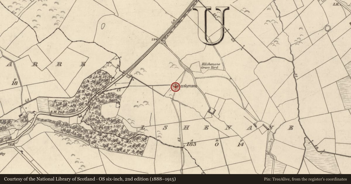 Ordnance Survey six-inch map, 2nd edition (1888–1915) covering the location of Ritual site - holy well, Kilshenane, County Kerry, with a pin at the register's coordinates