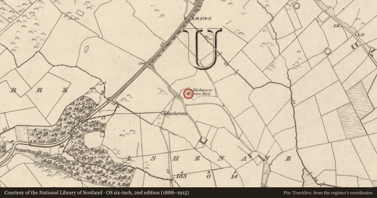 Ordnance Survey six-inch map, 2nd edition (1888–1915) covering the location of Graveyard, Kilshenane, County Kerry, with a pin at the register's coordinates