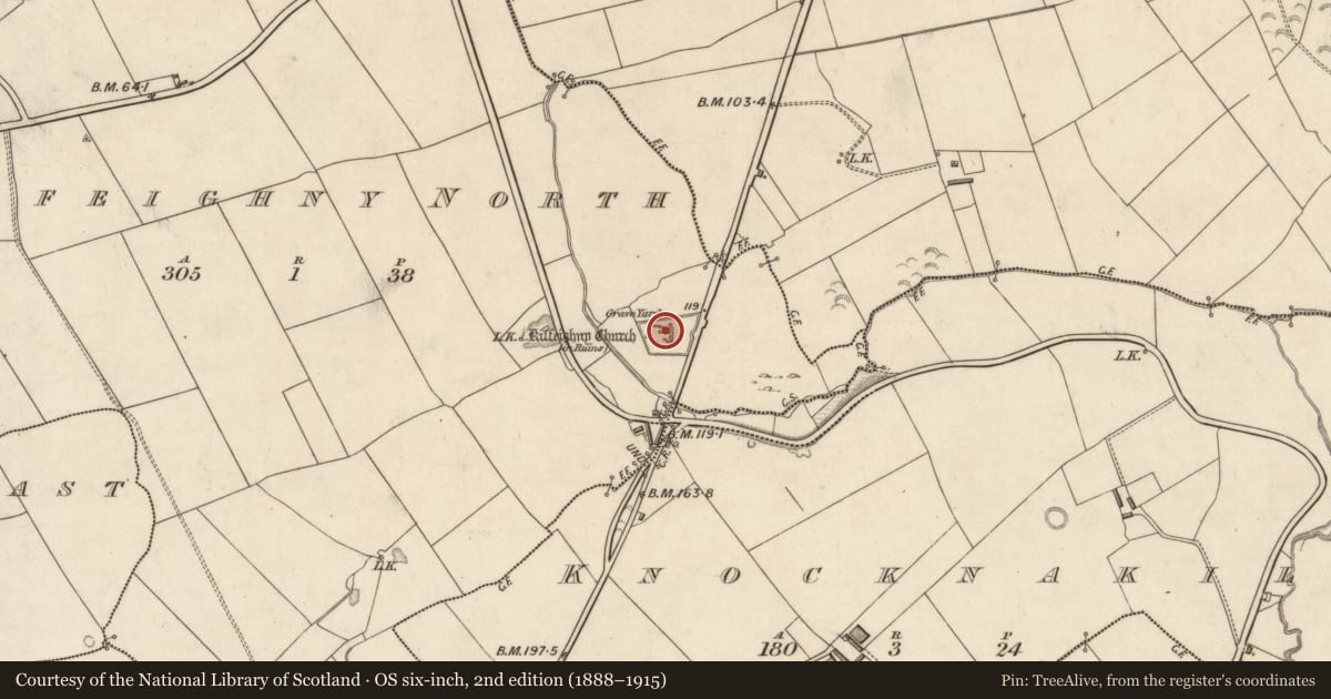 Ordnance Survey six-inch map, 2nd edition (1888–1915) covering the location of Church, Kilfeighny North, County Kerry, with a pin at the register's coordinates