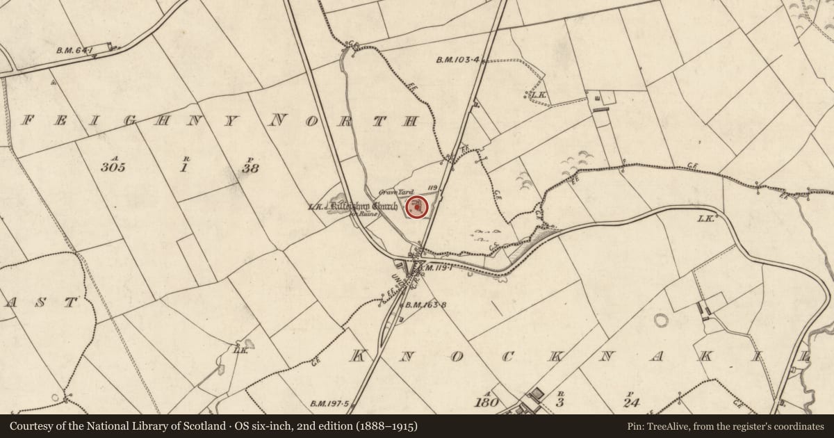 Ordnance Survey six-inch map, 2nd edition (1888–1915) covering the location of Graveyard, Kilfeighny North, County Kerry, with a pin at the register's coordinates