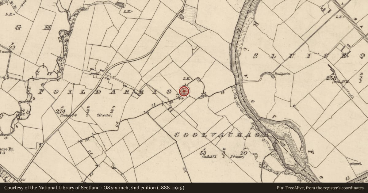 Ordnance Survey six-inch map, 2nd edition (1888–1915) covering the location of Ringfort - rath, Coolvackagh, Foildarrig, County Kerry, with a pin at the register's coordinates