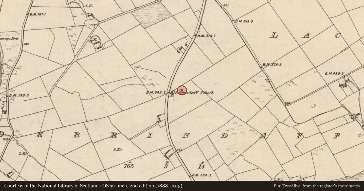 Ordnance Survey six-inch map, 2nd edition (1888–1915) covering the location of Enclosure, Derrindaff, County Kerry, with a pin at the register's coordinates